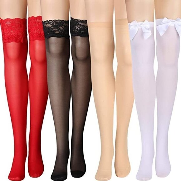 Spuly Accessories - SILK Thigh High Stockings Women Lace Silicone Socks Satin Bow Top Sexy NWT